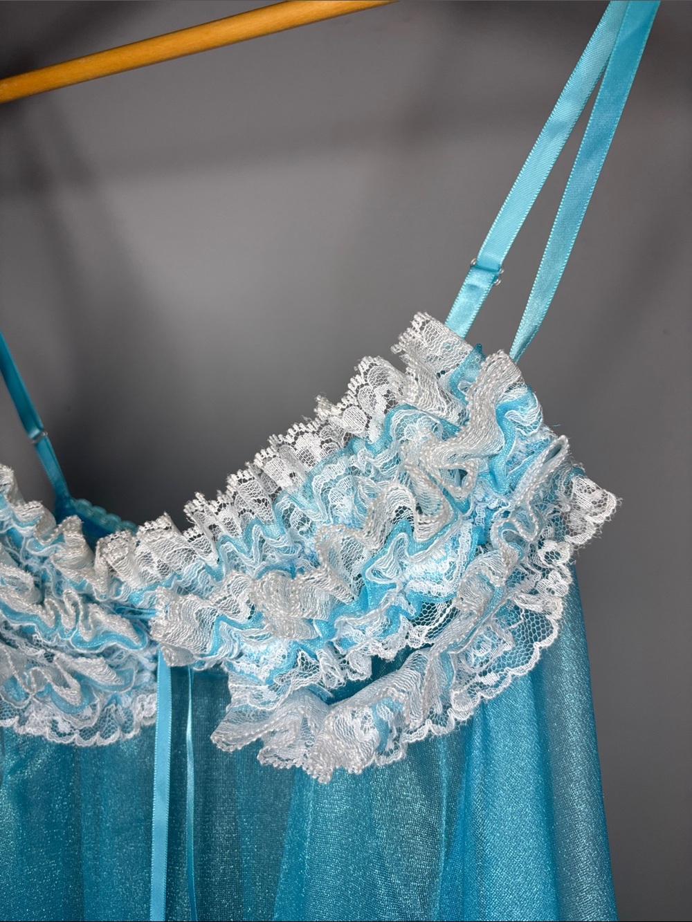 Y2K Era Sheer Ruffled Babydoll Chemise in Aqua with White Lace - Picture 2 of 9